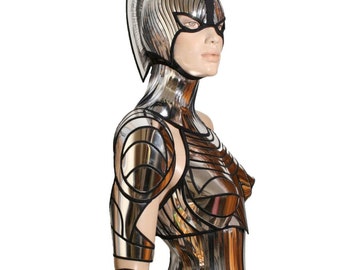 2 piece cyborg cyber robot , single arm , futuristic spartan armour divamp couture, cyberpunk