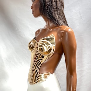 Metropolis golden corset top. Futuristic metallic bustier. Sci fi costume in metal mirror effect. Robot or cyberpunk futuristic gear. image 4