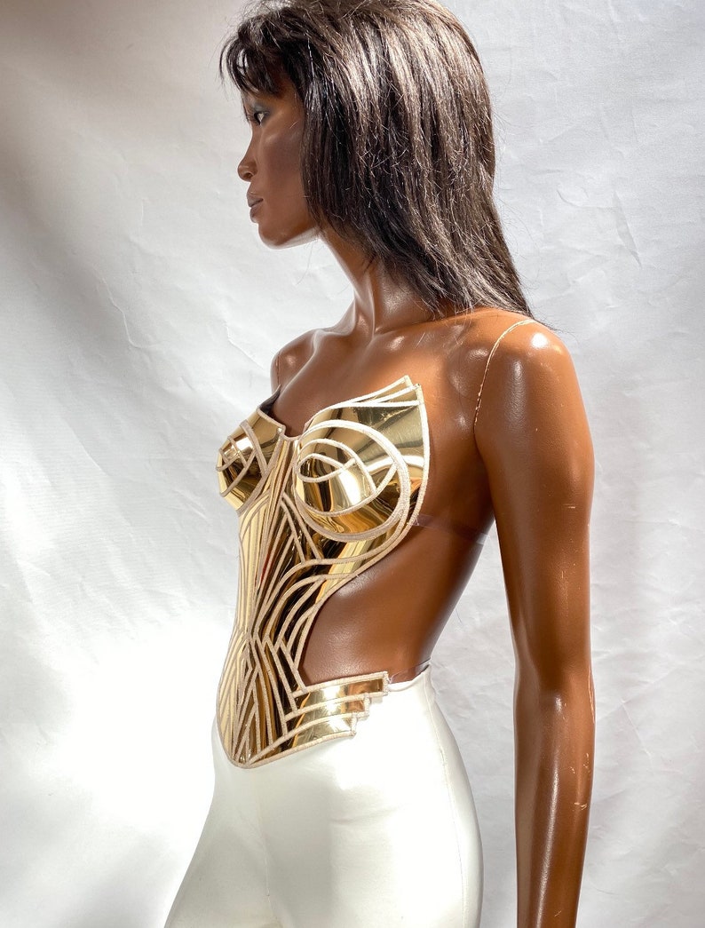 Metropolis golden corset top. Futuristic metallic bustier. Sci fi costume in metal mirror effect. Robot or cyberpunk futuristic gear. image 4