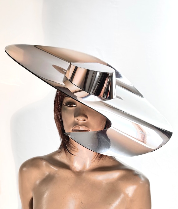 Asymmetric Silver Fedora Hat: Futuristic Big Brim PVC  display picture 3