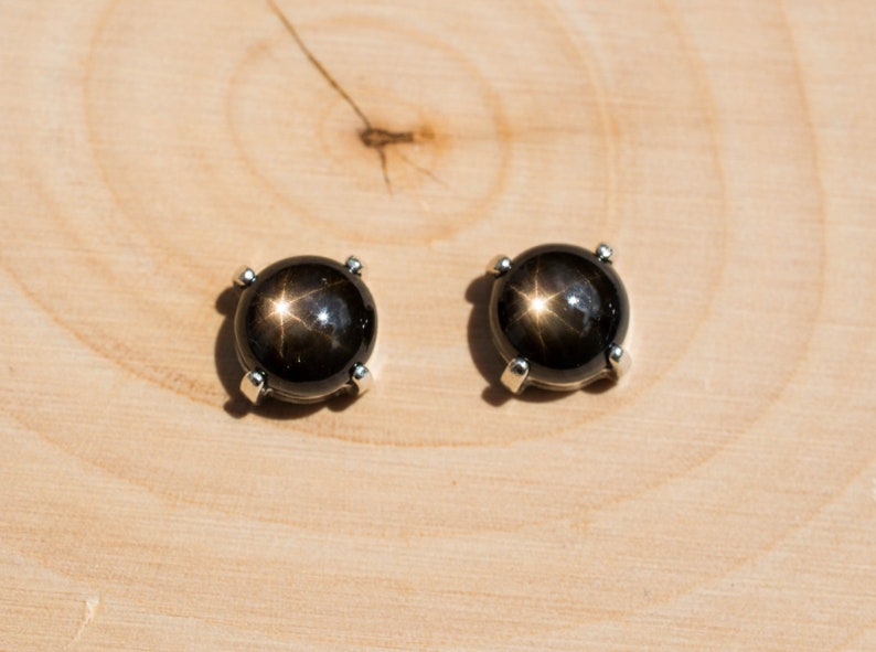 Black Star Sapphire Sterling Silver Earrings; genuine Star Sapphire