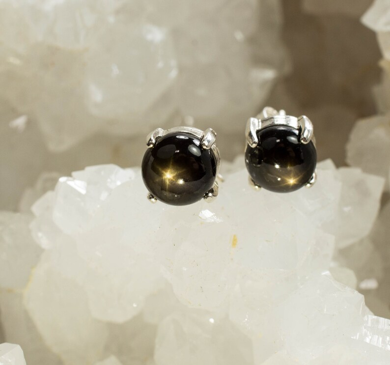 Black Star Sapphire Sterling Silver Earrings; genuine Star Sapphire