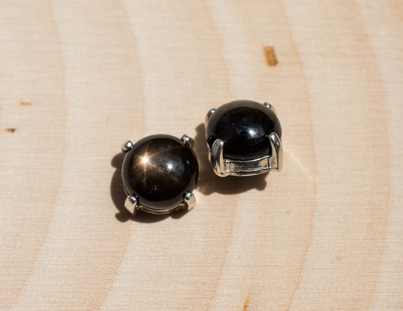Black Star Sapphire Sterling Silver Earrings; genuine Star Sapphire
