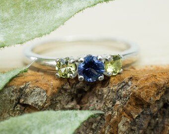 Blue Spinel and Mali Garnet Ring, Genuine Untreated Moazambique Spinel and Garnet