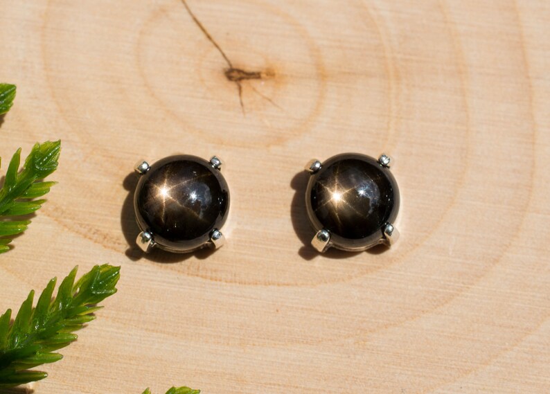 Black Star Sapphire Sterling Silver Earrings; genuine Star Sapphire