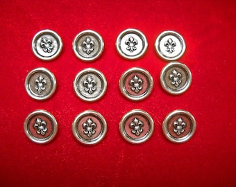 12 Silver Tone Metal Shank Buttons with Fleur de Lis for Renaisance Costume