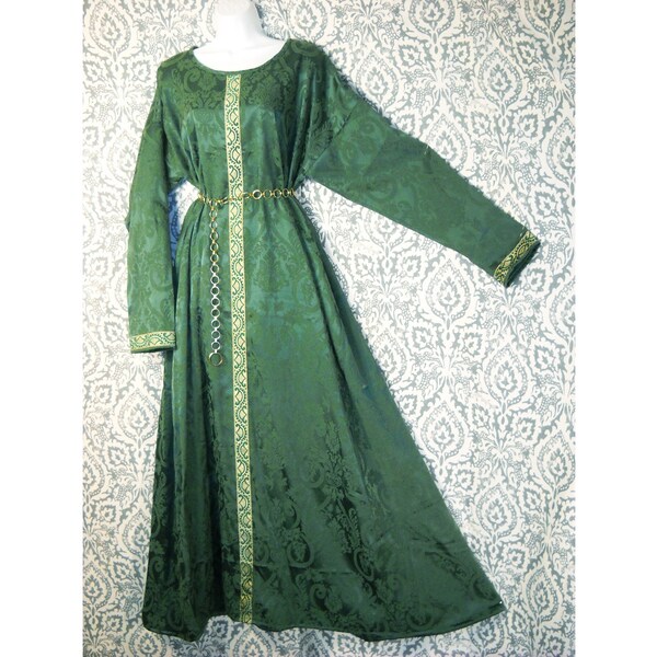 Sz XL Medieval Fantasy Lady Queen Brocade Dress Gown w/ Jacquard Trim SCA LARP