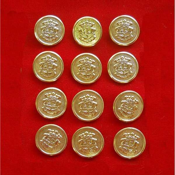 12 Gold Tone Metal Shank Buttons with Heraldry Crest Shield for Renaisance Costume