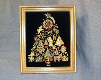 Framed Vintage-to-Now Rhinestones Jewelry Christmas Tree