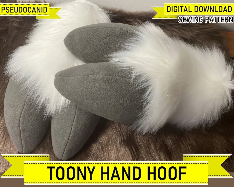 Puede incluir: Un patr&oacute;n de costura descargable digitalmente para un par de pezu&ntilde;as de mano de dibujos animados de color gris y blanco. El patr&oacute;n se llama "Toony Hand Hoof".