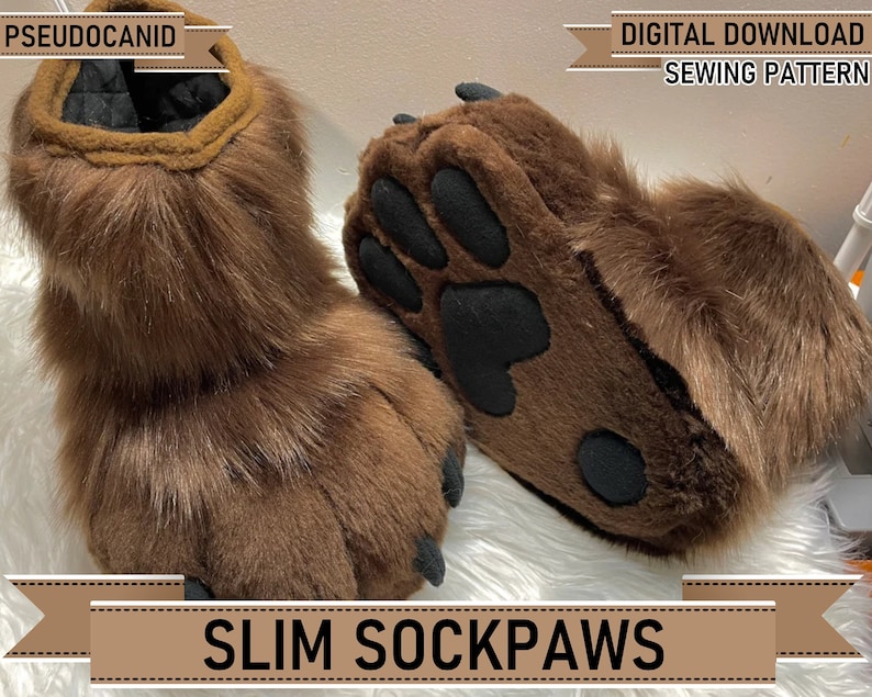 May include: A digital download sewing pattern for brown furry sock paws with black paw pads. The pattern is called "Slim Sockpaws".