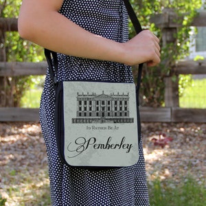 Jane Austen Pride & Prejudice Pemberley House SM Messenger Bag Shoulder Handbag Gift Book Quote Green