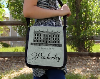 Jane Austen Pride & Prejudice Pemberley House  Messenger Bag Shoulder Handbag Gift Book Quote Green