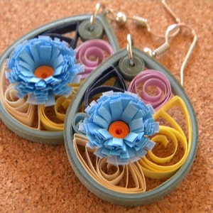 Small Paper Quilled Earrings with Blue Flower and Blue/Green | Etsy