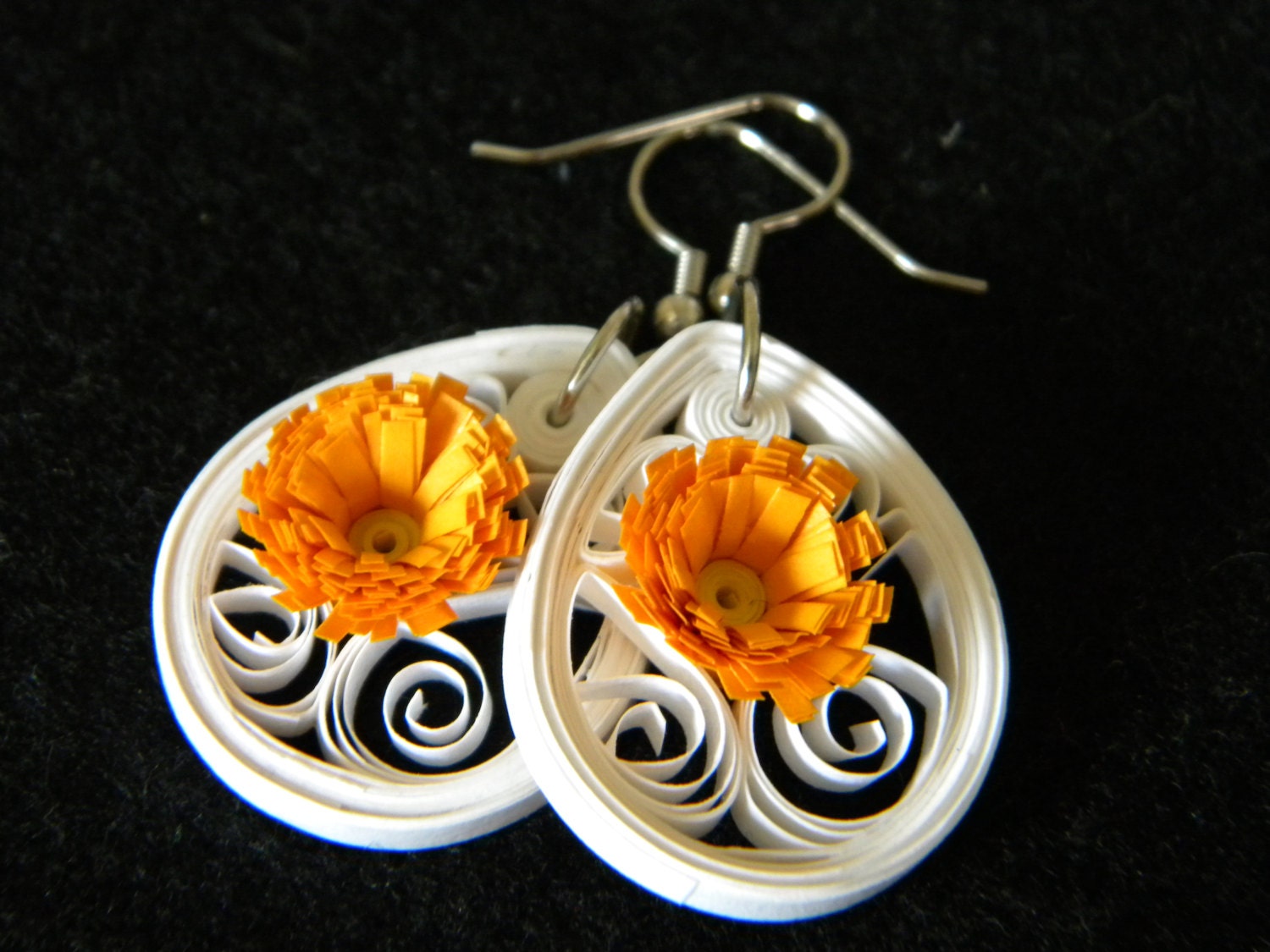Small Quilled Paper White Earrings with Orange Pink or Blue | Etsy