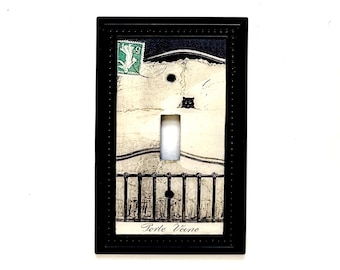 Cat in a Big Brass Bed Light Switch Cover: a Vintage French postcard wall plate