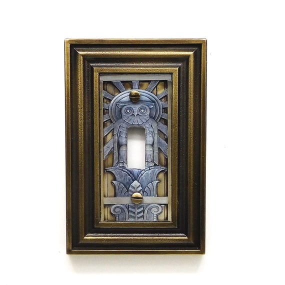 Deco Owl Light Switch Cover, an architectural detail wall plate in antique brass