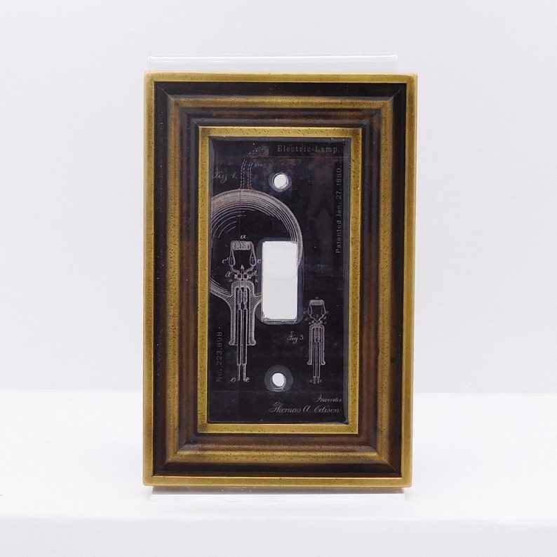 Edison Bulb Patent Light Switch Plate, in heavy antique brass cast metal image 1