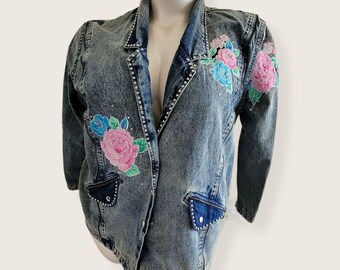 Vintage Denim Jacket Blazer Floral Embroidered 80s Woman's