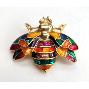 ヴィンテージ サイン入り ルネ・グワン ゴールドトーン セミ ブローチ Vtg Ciner Clear Rhinestone Gold Tone enamel pin brooch