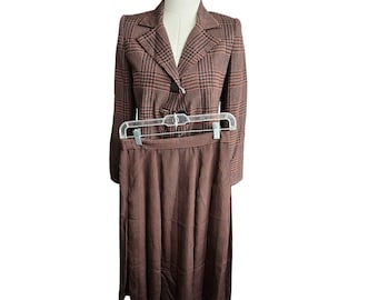 Vintage David Hayes Silk Skirt Suit Brown Black Geometric Size 6 HS166