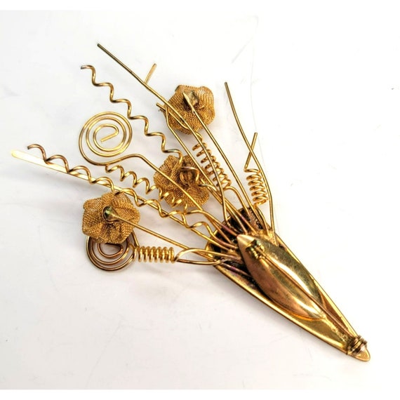 Brass Gold Copper Tone Bouquet Brooch Pin Mesh Wi… - image 5