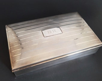 Sterling Silver Art Deco Dresser Box Engraved BR Wood Lined Vintage Cr180