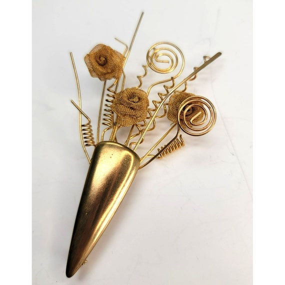 Brass Gold Copper Tone Bouquet Brooch Pin Mesh Wi… - image 2