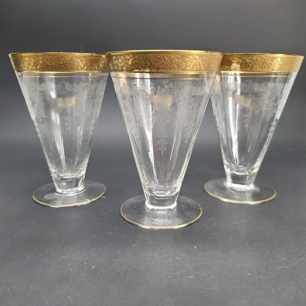 Tiffin? Footed Tumblers Glasses Set of 3 Vintage Barware Gold Trimmed Cr614