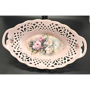 Vintage Porcelain Pink Oval Dish Reticulated Edges Floral Rose Design JJ3903