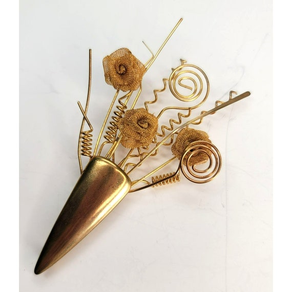 Brass Gold Copper Tone Bouquet Brooch Pin Mesh Wi… - image 3
