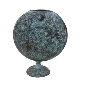 Antique Decorative Round Embossed Metal Vase With Floral Green Patina JE108