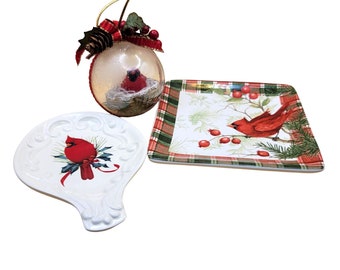 Cardinal Christmas Decor Set Musical Snowglobe Plate Spoon Rest Ornament VL1012
