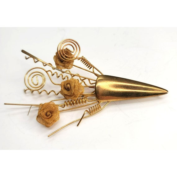 Brass Gold Copper Tone Bouquet Brooch Pin Mesh Wi… - image 4
