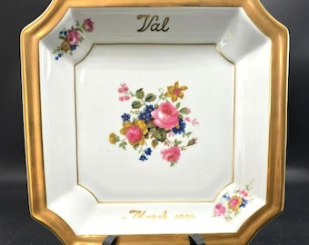 Personalized Vintage Porcelain Plate With Gold Trim & Floral Design 1980 VL5007