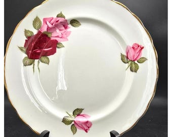 Vintage Bone China Plate With Pink & Red Roses Gold Trim England 8" VL5012