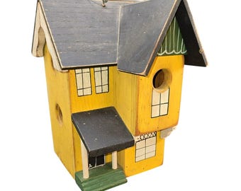 Vintage Wooden House-Shaped Birdhouse With Yellow Exterior Rustic Decor CM2263