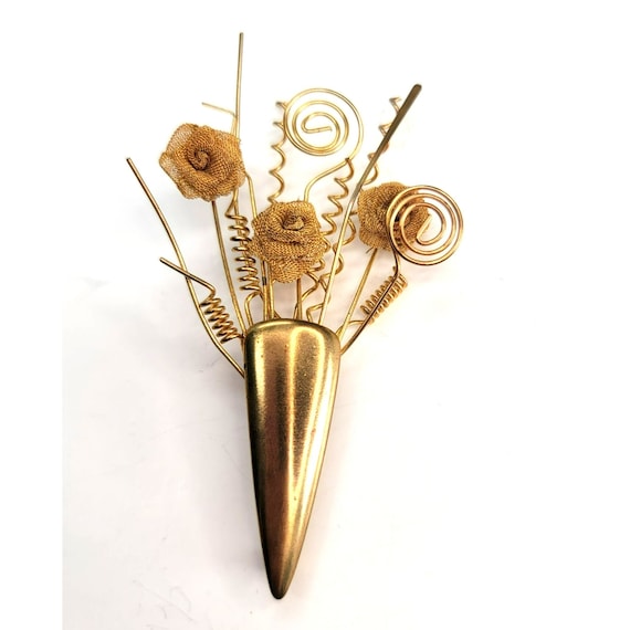 Brass Gold Copper Tone Bouquet Brooch Pin Mesh Wi… - image 1