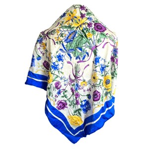 Vintage Silk Scarf Floral Print Blue White Yellow Purple Iris 34&quot; NWT JJ4005