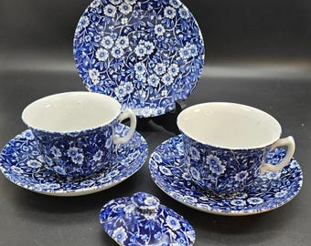 Blue Floral Calico Teacup & Saucer Set Crownford Staffordshire England DH3002