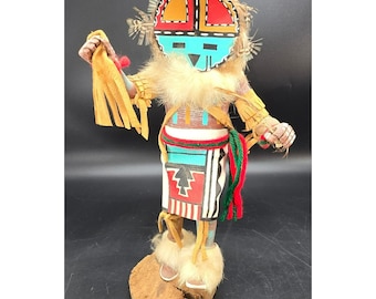 Vintage Hopi Sun Kachina Doll By A. Laird On Wood Base With Feathers Painted BA102