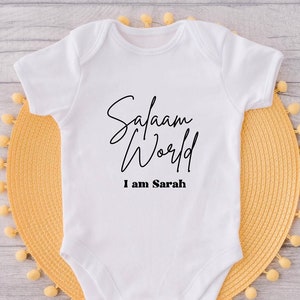 Salaam World Bodysuit w/ Personalized Name | Muslim Newborn Gift | Custom Baby | Unisex Baby Bodysuit | Baby Shower | New Baby
