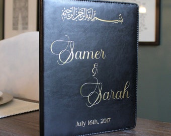 Custom Gold Foil Islamic Marriage Certificate Black Leatherette Holder | 8.5 X 11in | Muslim | Nikkahnama | Marriage Contract | Personalized