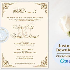 Muslimische Hochzeitseinladung | Digitaler Download | Einfach zu bearbeiten | Canva Template | Valima Einladung | Islamische Hochzeitseinladung | DIY | 17cm x 18cm