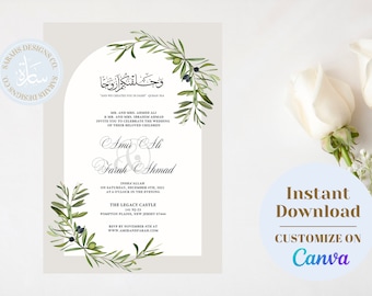 May include: A wedding invitation with a green olive branch design. The invitation features the names Amir Ali and Sarah Ahmad, the date December 4th, 2021, and the location The Legacy Castle, Pompton Plains, New Jersey 07444. The invitation also includes the text "And We Created You In Pairs" (Quran 78:8).