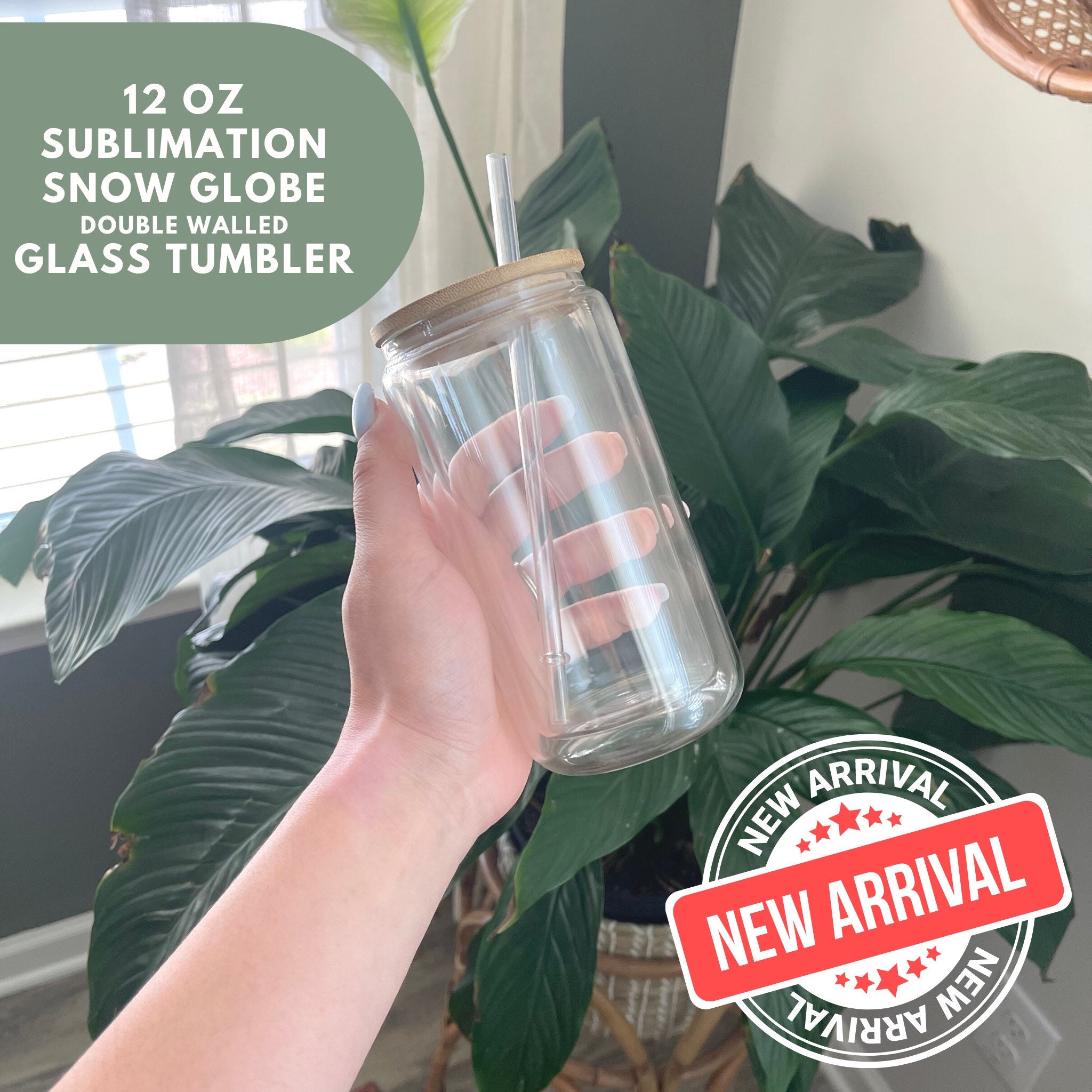 NEW Snow Globe SUBLIMATION Glass Tumbler 20 Oz w/ Bamboo Lid AND