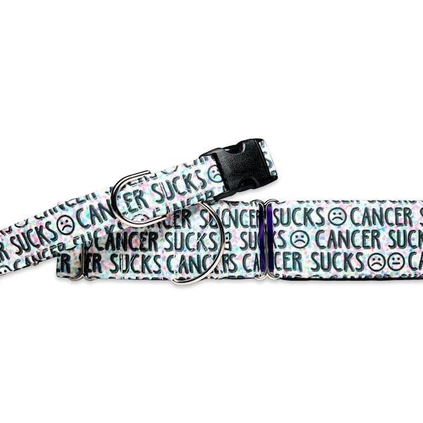 Cancer Sucks Rainbow and White CANVAS Dog Collar (Martingale, Buckle or Tag)