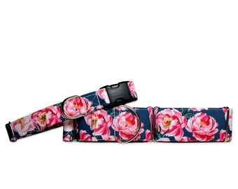 Pink Peony CANVAS Dog Collar (Martingale, Buckle, or Tag)