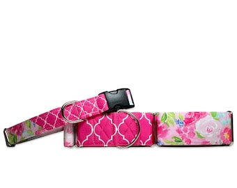 Lovely Pink Watercolor Garden CANVAS Dog Collar (Martingale, Buckle, or Tag)