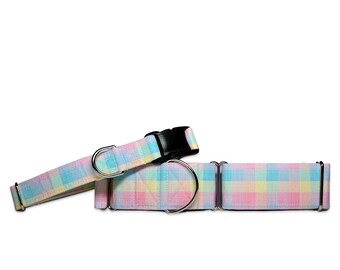 Spring Pastel Tartan CANVAS Dog Collar (Martingale, Buckle, or Tag)